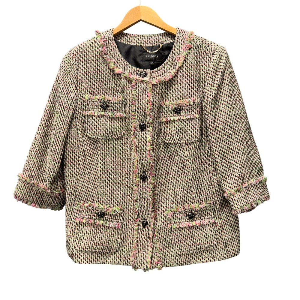 Talbots Jacket Womens 14P Petite 14 Tweed Pink Green Multi Textured Fringed‎